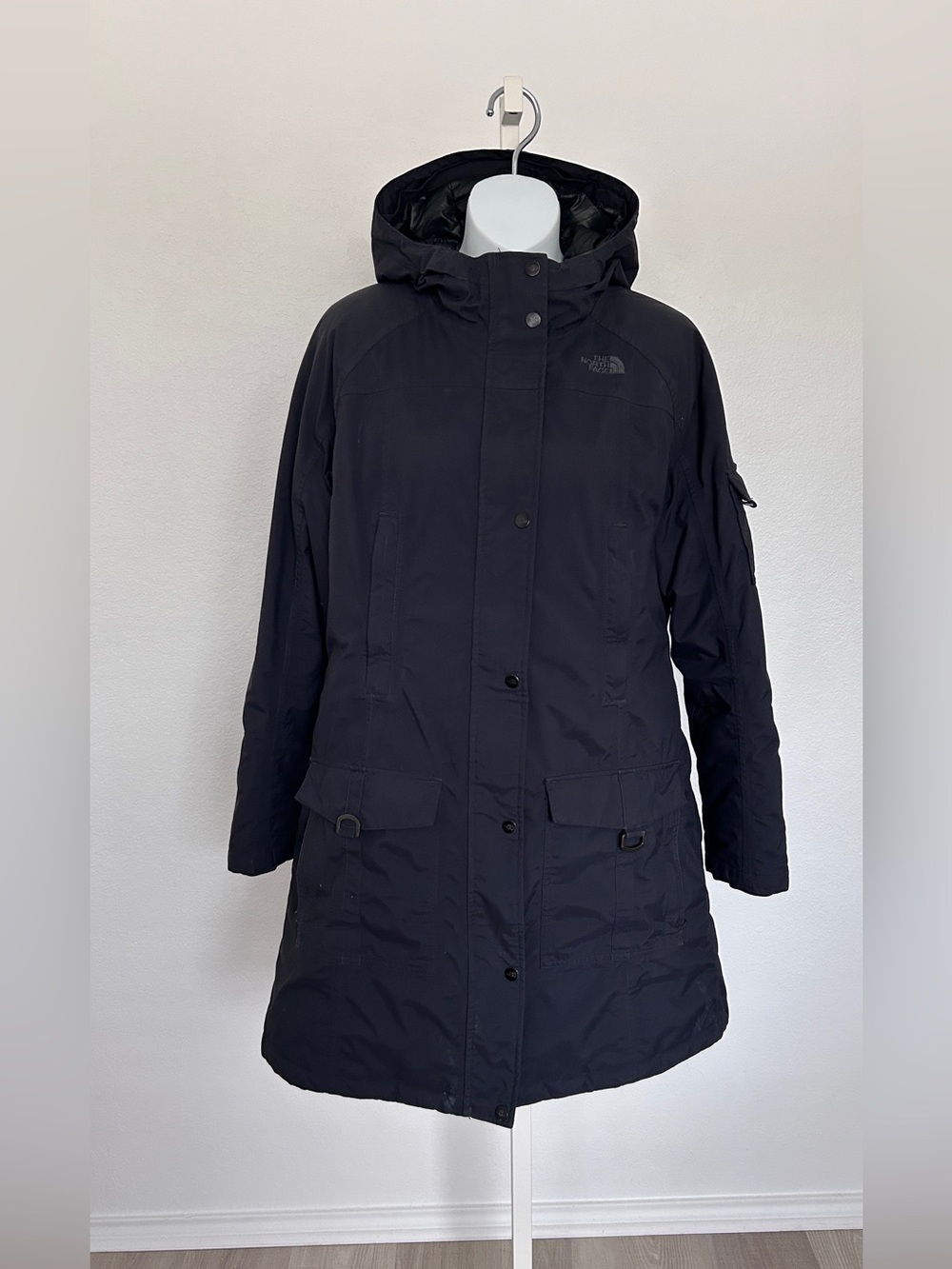 The North Face HyVent Goose Down Parka Coat Womens L Long Hooded Black